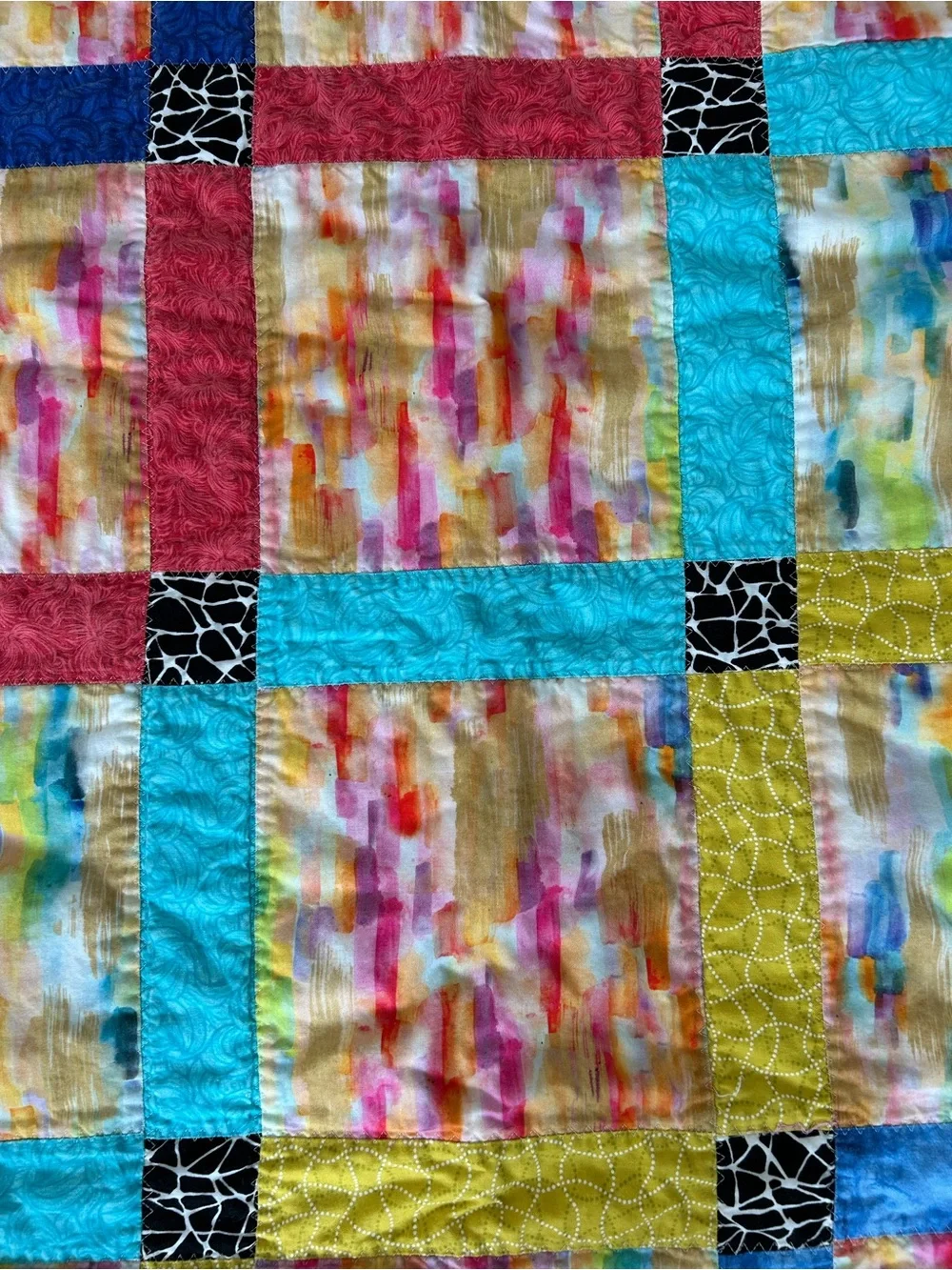 Handmade Colorful Patchwork Quilt with Watercolor Squares and Tie Dye Backside